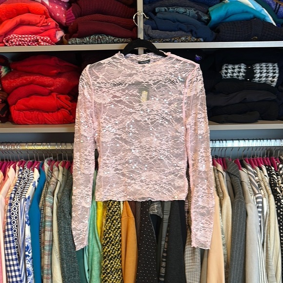 wild fable Tops - Wild Fable pink lace with sequins long sleeve mock neck top size M NWT